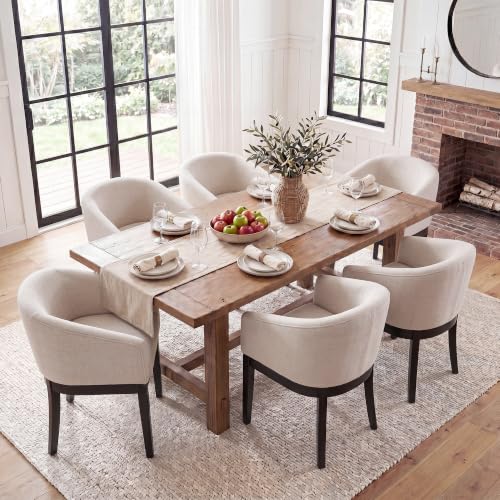 Image of HNY Barrel Dining Chairs Set of 6, Mid Century Modern Upholstered Dining Chairs with Arms, Linen Kitchen & Dining Room Chairs, Solid Wood Frame Accent Chairs for Kitchen, Apartment, Cream