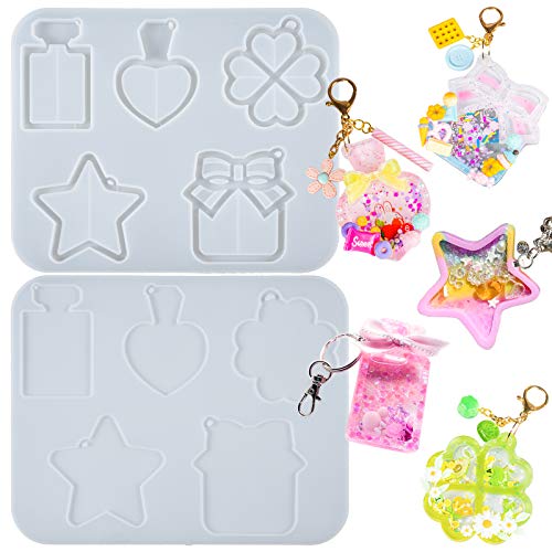 FUNSHOWCASE Epoxy Resin Shaker Molds with Cover, Hanging Hole Perfume Bottle, Clover, Heart, Star, Gift Box, Jewelry Casting Supplies 5-Shape Large 3.4-3.66inch