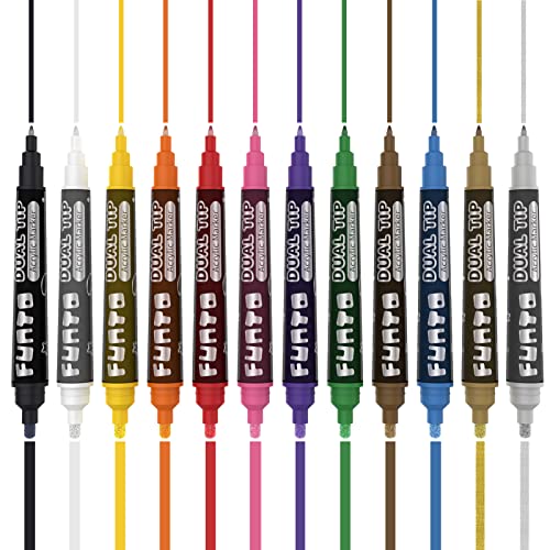 Funto Dual Tip Acrylic Paint Markers, 12 Colors 3 Tips Set With Extra Fine, Round And Chisel Tip, Quick Drying Paint Pens For Rock Painting, Wood, Canvas, Ceramic, Fabric, Arts And Crafts, Non-Toxic #TOP4