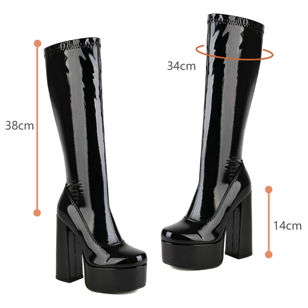Bottes Longues pour Femmes Jusqu'au Genou, Talons Épais De 14 Cm, Plateforme, Cuir Verni Extensible, Bottes Hautes pour Soirées Et Usage Quotidien