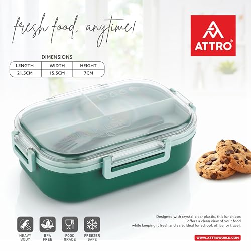 Image of ATTRO Carry Fresh Kids Plastic Lunch Box 3 Compartments & Fork, BPA-Free, Food-Grade, Ideal for School, Picnic, Travel & Outdoor Use- Green, 500 ml