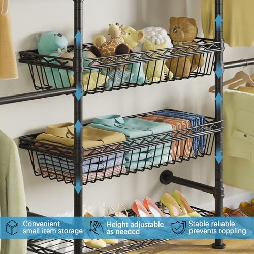 Timate X3 Expandable Wall-Mounted Garment Rack with Baskets - Adjustable Heavy-Duty Clothes Rack for Walk-In Closets, 5'10 to 8'3, Black