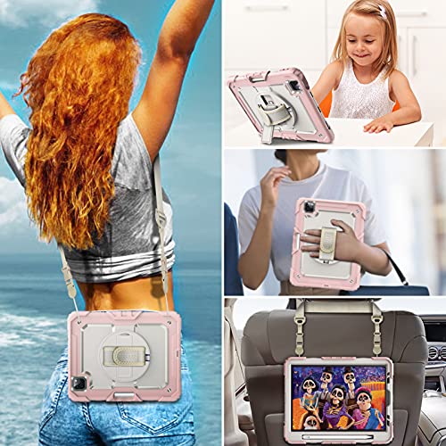 Casebot Ipad Pro 11 Inch Case 2022/2021/2020 With Screen Protector, [360° Rotating Kickstand] Full Body Rugged Shockproof Cover With Hand Shoulder Strap&Pencil Holder, Also Fit Ipad Air 4Th Gen, Rose #TOP6