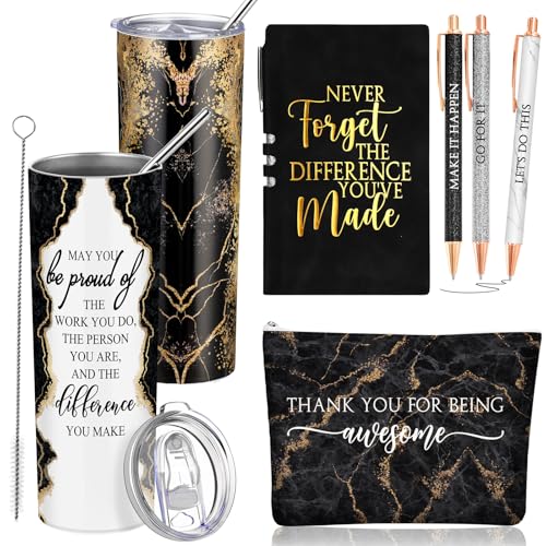 Domensi 6 Pcs Employee Appreciation Gift Set for Women Female Thank You Gift May You Be Proud 20 oz Rustic Blue Marble Sign Tumbler Makeup Bag Journal for Teacher Nurse Lady Work Business(Black)