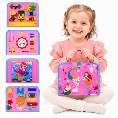 Image of Montessori Busy Board for Toddlers 1-3, 4 Pages 15+ Activities Sensory Toy, ABC Numbers Colors Learning, Toddler Quiet Book Travel Toy, Preschool Educational Gift for Boys Girls, Pink Mermaid