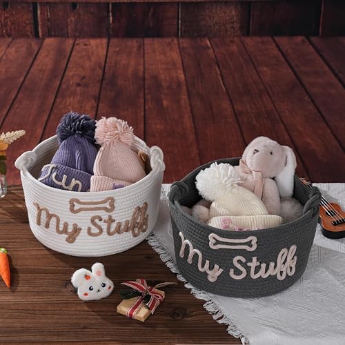 Pet Storage Basket with Rope Handles, Cotton Woven Dog Toy Bin, Cotton Rope Organizer, My Stuff Design with Bone, Grey Black Basket and Beige Yarn (Grey Black Basket) - Image 4