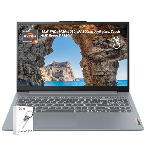Lenovo IdeaPad Slim 3i 39.6 cm FHD (1920 x 1080) IPS 300nits Pantalla antirreflejo, táctil, Ryzen 5 7520U, 8 GB de RAM, 2 TB de almacenamiento, AMD Radeon 610M, Wi-Fi6, Win11, gris ártico, con unidad