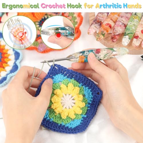 Image of Katech 3.5mm Crochet Hook for Arthritic Hands,Hand-Polished Stainless Steel | Ergonomic Crochet Hooks with Customized Sparkle Dried Floral Grip, Smooth Tapered Hook-Crochet Gift for Beginner & Crocheter