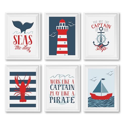 Image of Hadley Designs 6 Reversible 8x10 Nautical Wall Art Prints-Home, Nursery and Bathroom Decor, Baby Shower Decorations, Theme Party Supplies