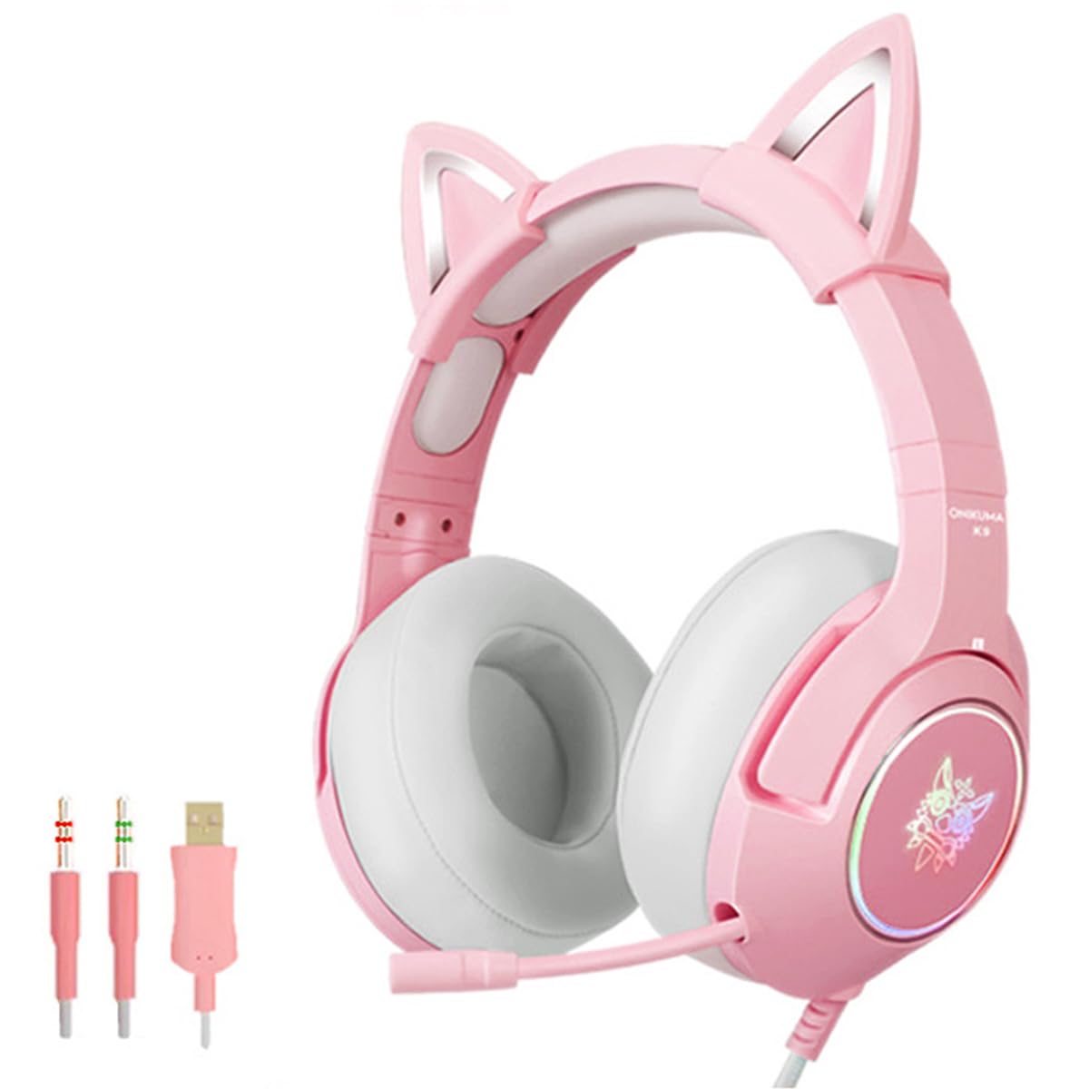 Pink Gaming Headphones, Removable Cat Ear Headphones, Wireless Gaming Headphones with 7.1 Surround Sound with Adjustable Noise Reduction, LED Light, Retractable Microphone