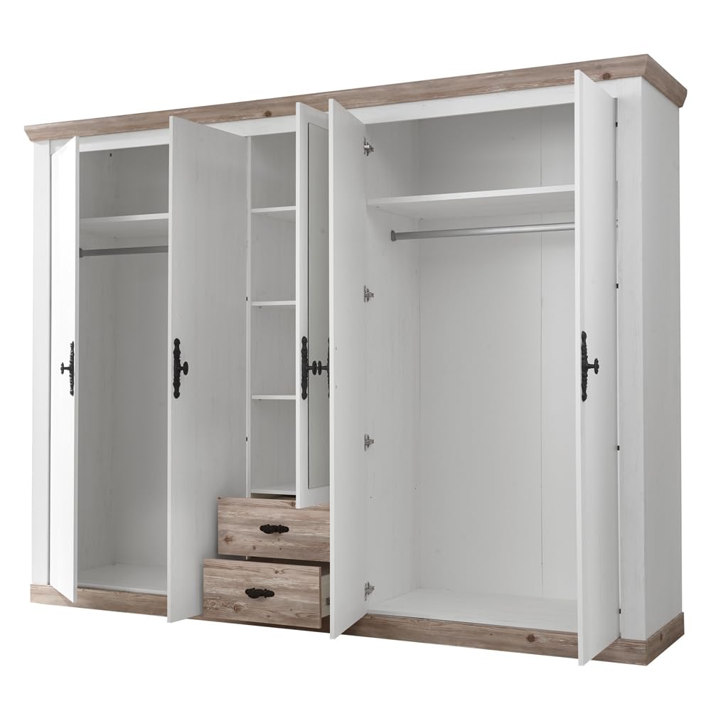 Lomadox Schlafzimmermöbel Komplett Set 5-TLG. im Landhausstil, Pinie weiß Nb. mit Pinie dunkel Nb.