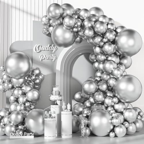 Image of Ouddy Party 129Pcs Metallic Silver Balloon Arch Garland Kit 18 12 10 5 Inch
