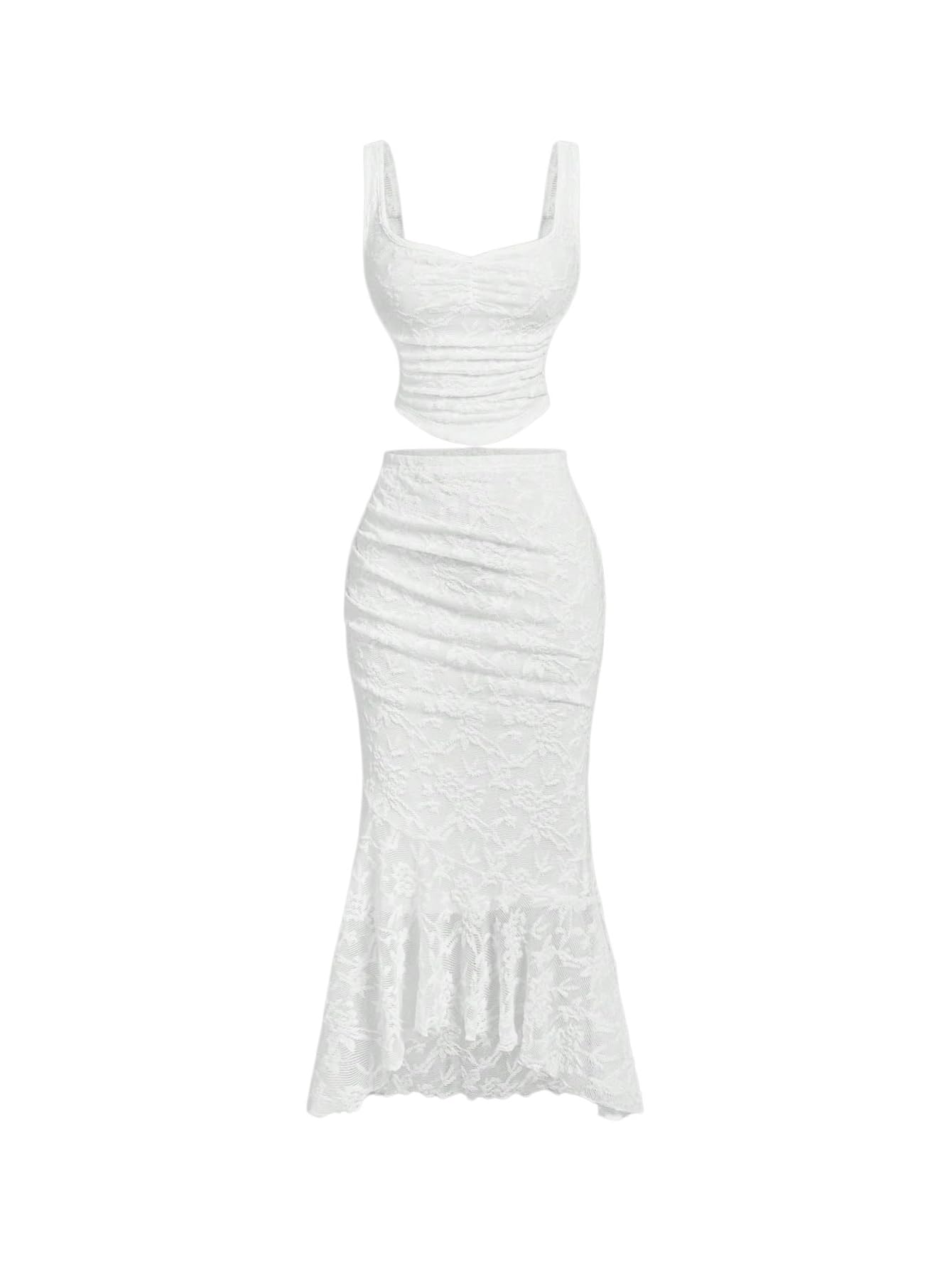 SOLY HUX Women's Floral Lace Skirt Set 2 Piece Sleeveless Top and Bodycon Fishtail Skirts Summer Coquette Outfits