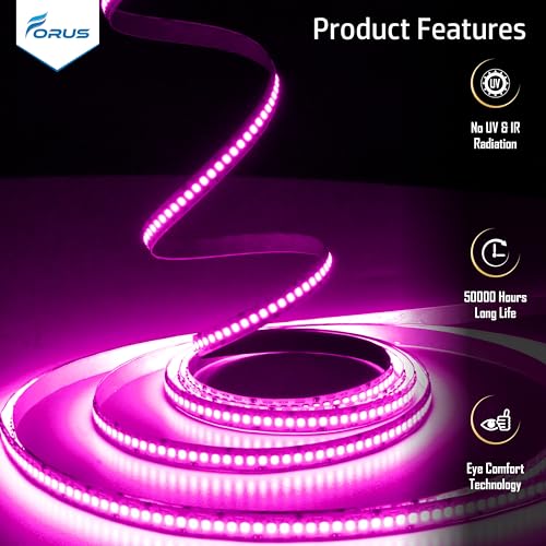 Image of Forus 5 Meter (5M) 10MM Pink LED Strip Light, 240 LEDs /M Plug & Play Flexible Lighting for Home Decor, False Ceiling, Pooja Room, Living Room, Kitchen, Mirror, Stairs, 2-Year Warranty