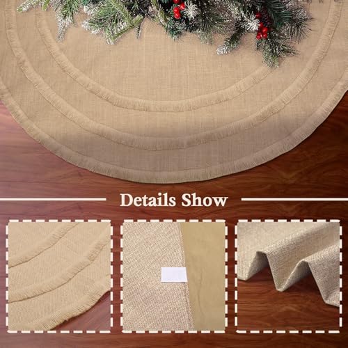 Yuboo 48" Burlap Christmas Tree Skirt with 3-Layer Tassel Design, Brown Rustic Farmhouse Jute Linen Large Spring Tree Skirt for Wedding, Birthday, Memorial, Patriotic Decor — view 4