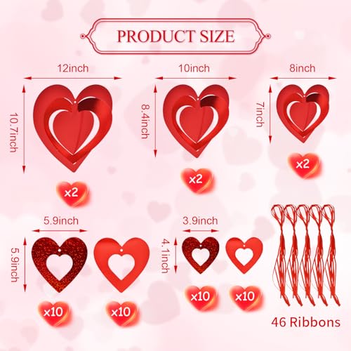 Image of 46 Pcs Valentine's Day Hanging Heart Ornament Decorations, Red Love Glitter Swirl Hollowed Heart Decorations for Tree Ceiling Romantic Bridal Shower, Wedding, Engagement, Anniversary