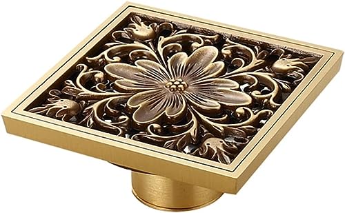 ZBBGTJK Tapa de desagüe Cuadrada de latón Antiguo para Suelo - Diseño de Flores talladas artísticamente para Ducha - Rejilla de desagüe Elegante para baño - Solución de desagüe Resistente al Agua -