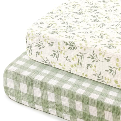 Image of GRSSDER 100% Cotton Muslin Crib Sheet 2 Pack - Breathable & Ultra-Soft Fitted Crib Sheets for Standard Baby & Toddler Mattresses, 52 inchx28 inch with 9 inch Deep Pocket, Snug Fit All-Around Elastic