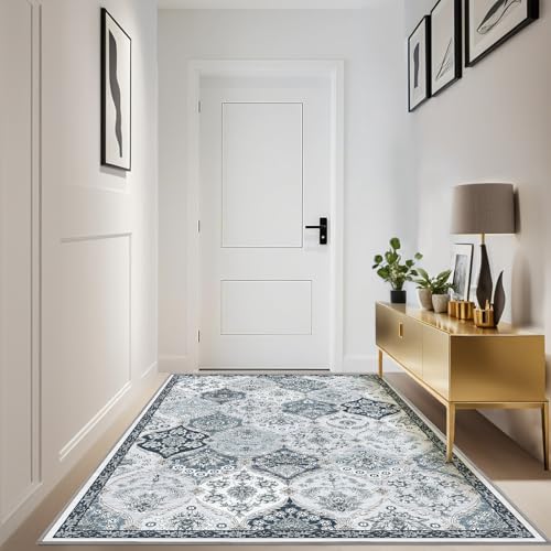 Moroccan Trellis Area Rugs Washable Rug Low Plie Boho Vintage Rug with Rubber Backing Non-Slip Indoor Outdoor for Entryway Bedroom Living Room Classroom Office Kitchen College Dorm, 4x6, Blue — view 2