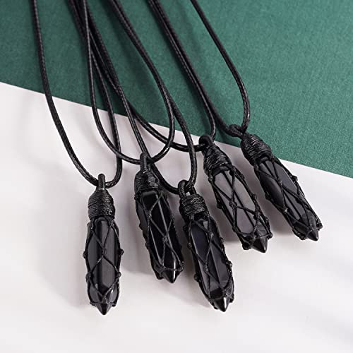 Black Obsidian Healing Crystal Points Necklace Adjustable Rope Hexagonal Wrapped Braided Stone Pendant Necklace Handmade Gemstone Jewelry for Men Women2