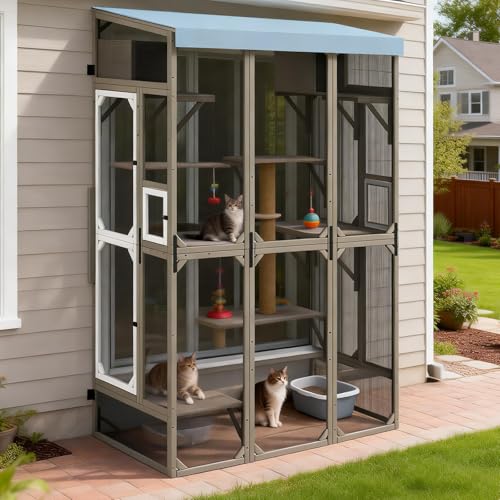 ketive Extra Large Window Catio for Indoor Cats Walk-in Cat Enclosure with Multi-Level Platforms Scratching Post & Weatherproof Roof Wooden Outdoor Catio for Multiple Pets