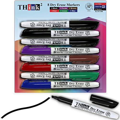 [8 Dry Erase Markers - 6 Colors] Think2 Chisel Tip Markers.