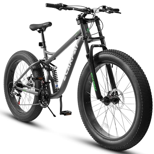 Ecarpat Fat Tire Mountain Bike 26 Inch 21 Speed Dual Full Suspension 4.0 Wide Non-Slip Big Fat Tire Men Women Bicycles Gray