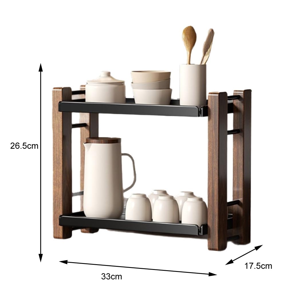 Estante expositor de tazas de café, soporte de madera de 2 niveles para encimera de cocina, oficina en casa, estación de café, bar y organizador de tarros de especias