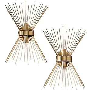 VILUXY Mid Century Wall Sconces Antique Brass Brush Paint Finish Bedside Wall Sconce Lighting Fixture with Starburst Shade for Bedroom Hallway Entryway Passway Bathroom Vanity 2 Pack