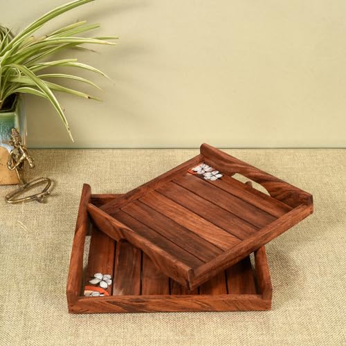 Image of AAKRITI ART CREATIONS Classic Rosewood Serving Tray Set of 2 | Handcrafted Floral Art | Brown Wooden Trays & Platters with Handle | Matte Finish Home | Trays for Dining Table & Kitchen Organizer