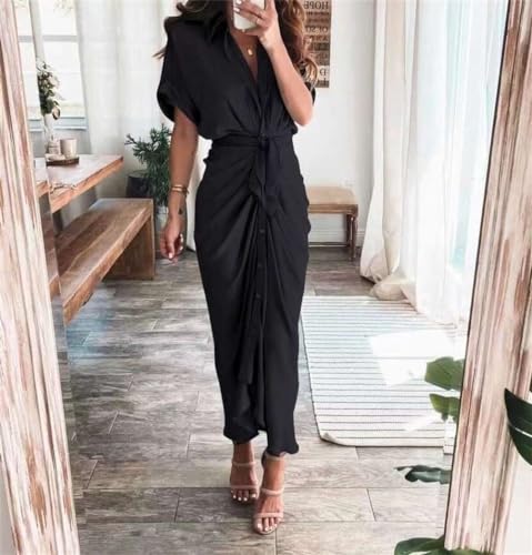 Useagrey Women's Button Down Shirt Dress, V Neck Belted Button Down Elegant Ruched Midi Dresses2