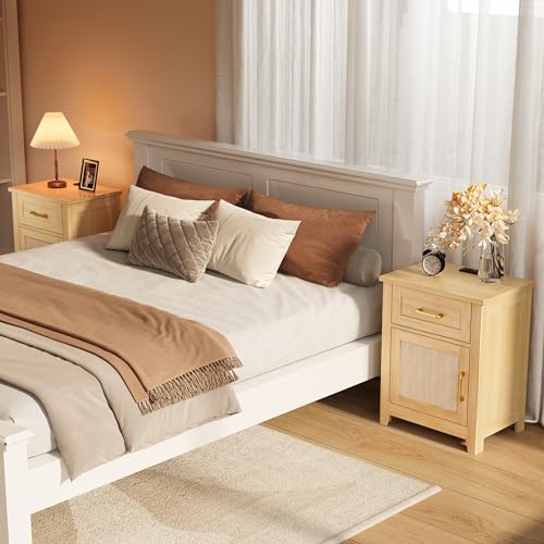 Image of Decofy Rattan Nightstand Set of 2 with Charging Station, Drawer and Cabinet
