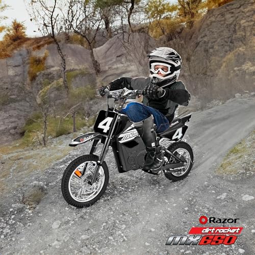 Image of Razor MX650 Dirt Rocket Bike Electric Ride-On for Ages 16+, 220 lb Max Weight, Black - 36V Battery, Up to 17 Mph, 40-Min Run Time, Twist-Grip Throttle, 16 inch Front and 14 inch Rear Pneumatic Tires
