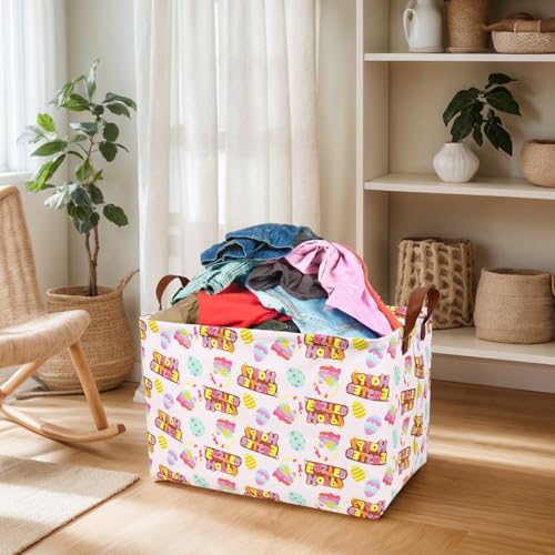 Image of Large Empty Easter Basket for Kid Baby Rectangular Cute Easter Gift Bunny Eggs Decor Storage Basket (Pink Happy Egg)