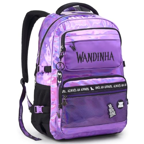 Mochila Bolsa Mala Feminina Escolar Notebook Menina Lilas Preta Wandinha Oficial (Lilás)
