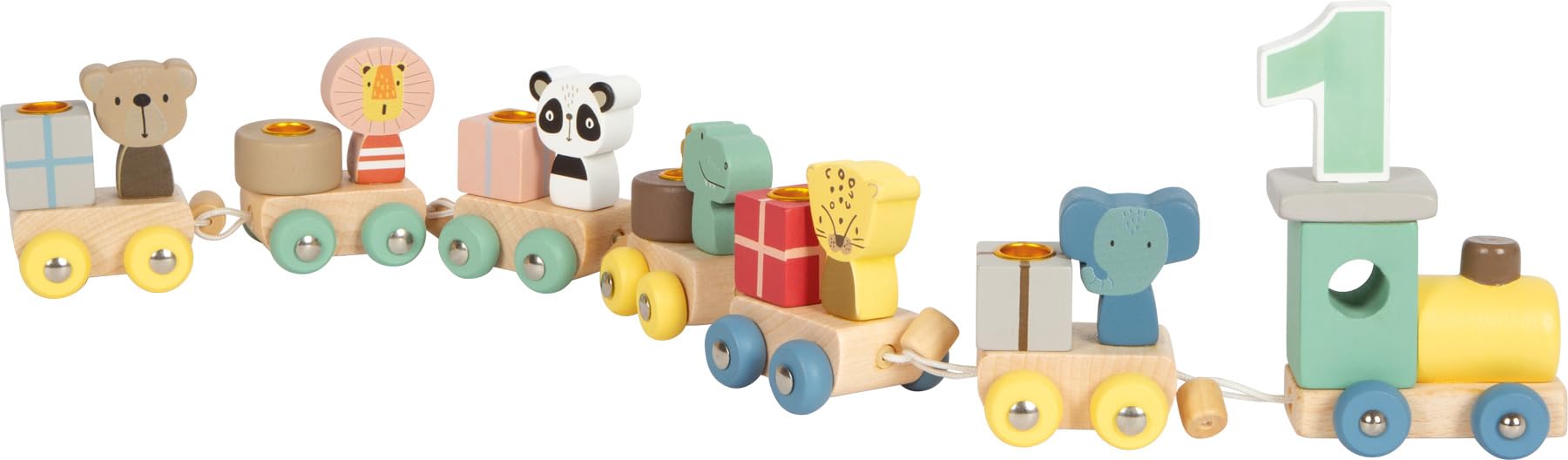 small Foot Geburtstagszug Tiere aus Holz, mit Zahlen-Lokomotive, 6 Waggons mit Tierfiguren, Zahlensteckern 1–9, Deko für Kindergeburtstage, 12626