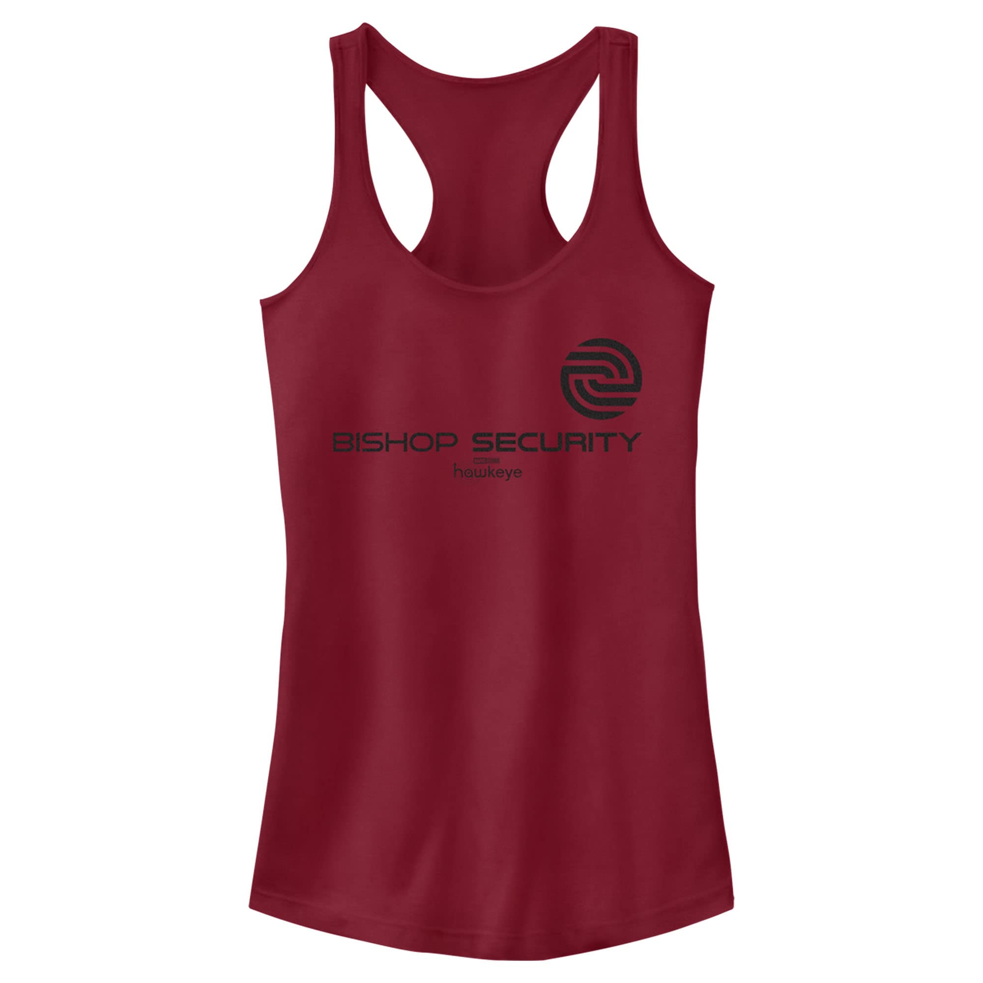 Marvel Hawkeye Bishop Security Logo Juniors Racerback Tank, Scarlet, Small