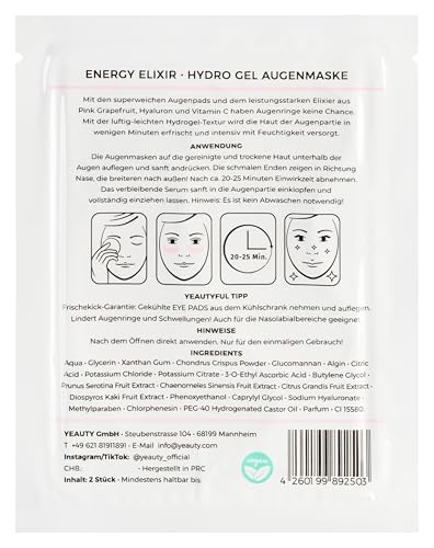 YEAUTY ENERGY ELIXIR EYE PAD MASK, die superweichen Augenpads mit dem luxuriösen Anti-Aging Serum ausVitamin C, Hyaluron und Pink Grapefruit reduziert Augenringe und glättet die Augenpartie