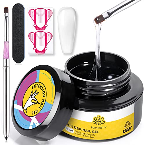 BORN PRETTY Gel Construction Ongle UV, 60G Clear Gel de Construction Ongle Kit Gel UV Complet Gels Builder avec 100pcs Formes D'ongles, Lime à Ongles et Brosse pour Extension Faux Ongles Nail Art