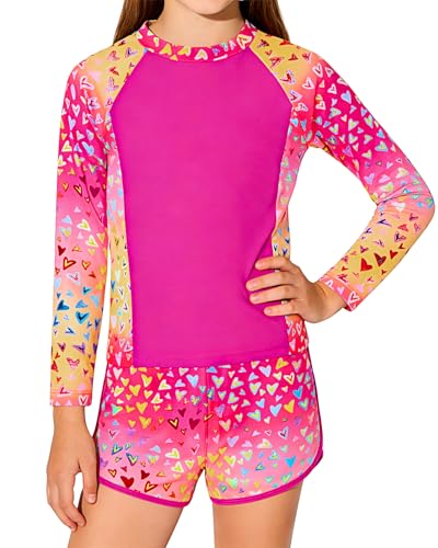 Image of Girls Rash Guard Long Sleeve Swimsuit 2 Piece Bathing Suit UPF 50+ Summer Beach Swimwear for Girl 5-14 Years