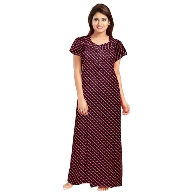 Image of NILOUFO Women's Cotton Printed Maxi Nighty - Pack of 2 | Soft Ankle-Length Sleepwear Gowns for Women | Free Size Night Dresses (Blue,Maroon, Free Size)