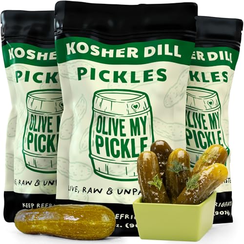 Olive My Pickle Fermented Dill Pickles - 96 Ounces | 3 Pack Bundle of Probiotic Pickles Kosher Dill and Brine with Digestive Enzymes for Gut Health - Kosher Pickles 32 oz per bag