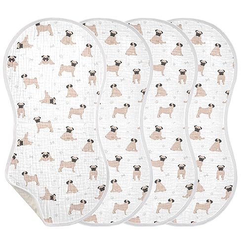 Image of Muslin Baby Burp Cloths, Cute Pug Puppy Dogs Muslin Baby Rags Comfy Soft Absorbent in for Newborn Boys and Girls 4 Piece 22 x 11 Inch