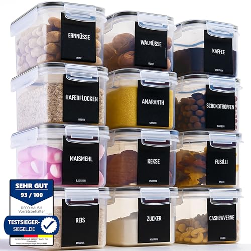 Deco haus Vorratsdosen mit Deckel Luftdicht [inkl. VORRATSETIKETTEN] - 12er Vorratsbehälter Set - Aufbewahrungsbox Küche Aufbewahrung & Organisation - Lebensmittelaufbewahrung für Zucker, Müsli, Mehl