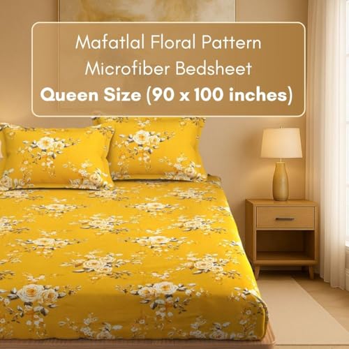 Image of Mafatlal Luxe Lilac 140 GSM Premium Microfiber Queen Size Bed Sheet with 2 Pillow Cover for Double Bed, 90x100 Inch - Yellow, Soft, Lightweight & Durable