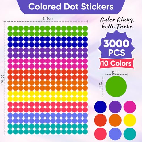 3000 Pcs Gommettes Autocollantes Rondes, 12mm Couleur Codage Étiquettes Pastille Autocollante Ronde, Gommettes Rondes Multicolore pour Calendriers Fournitures de Bureau Ecole Famille-10 Couleurs – vue 3