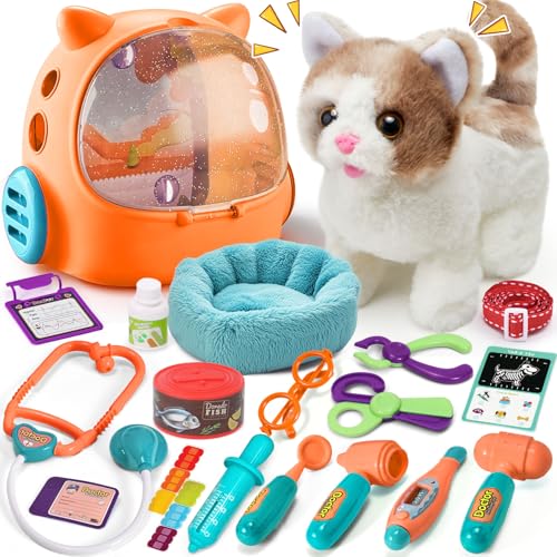 Peluche Chat Veterinaire Malette Docteur Enfant Robot Chat Interactif Qui Marche Remuer La Queue À Sac Transport Chat Panier Chat Kit Medecin Enfant Jeu De Rôle Cadeau...