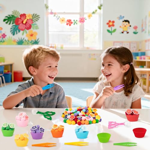 Image of EZdhuawuse Summer Sensory Bin Fillers - 304Pcs Hawaii Flower Fine Motor Toys Counting Sorting for Kids, Felt Colorful Hawaii Flower Pom Poms Cup Clip for Preschool Education Birthday Gift Party Favors