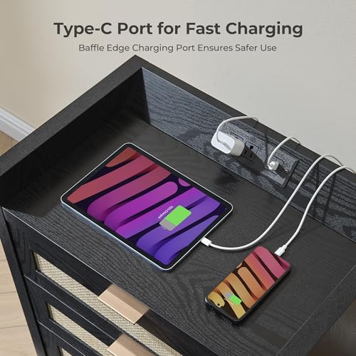 Image of SICOTAS Nightstands Set of 2 Bedside Table - Larger Rattan Night Stand with Type-C Charging Station, 3 Drawers Storage - Boho Tall Night Stands End Table for Bedroom Office - Black Oak