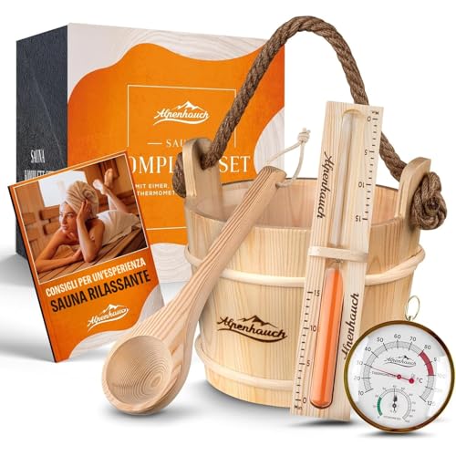ALPENHAUCH Secchio per sauna con cucchiaio da sauna [100% legno naturale], elegante secchio per sauna con clessidra e termometro - Accessori durevoli per la sauna - Set secchio per sauna con cucchiaio